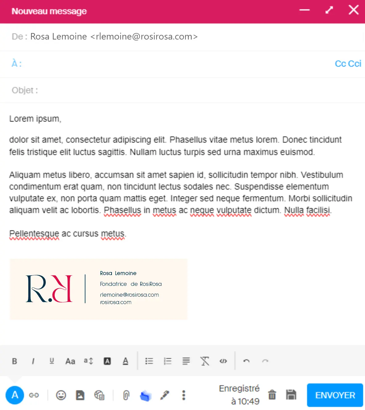 Mise en situation d'une signature mail de RosiRosa, bijouterie artisnanale